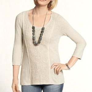 NWT Apparel Irena Inset 3/4 Sleeves Khaki Embroidered Top Women's Size 1- Medium